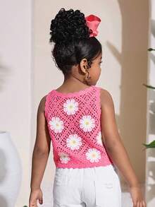 Young Girl Fashionable Vacation Fitted Camisole Crochet Floral Knit Tank Top, Pink - Pink - View 2