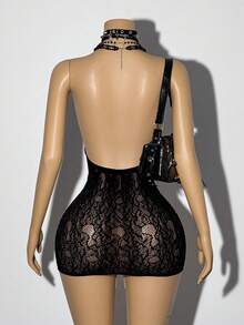 EgrlEra Vestido mini con escote halter y cruzado con adornos de strass para mujer - Negro - Ver 3