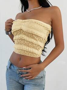 Aloruh Top bandeau con volantes, plisado y lazo elegante y romántico de unicolor para mujer - Amarillo - Ver 7