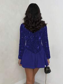 SHEIN Glamour Women's Solid Color Round Neck Long Sleeve Sequin Patchwork Ruffle Hem Elegant Fashion Dress - Blue - View 2