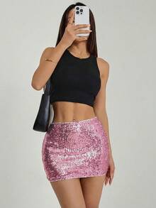 SHEIN PETITE Chân váy ngắn đính sequin màu trơn dành cho nữ, thích hợp cho các dịp tiệc tùng. - Bụi hồng - Xem 6