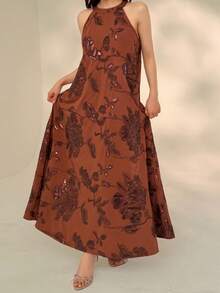 DAZY Women's Elegant Sequin Floral Embroidery Halter Dress, Summer Sundress - Brown - View 5