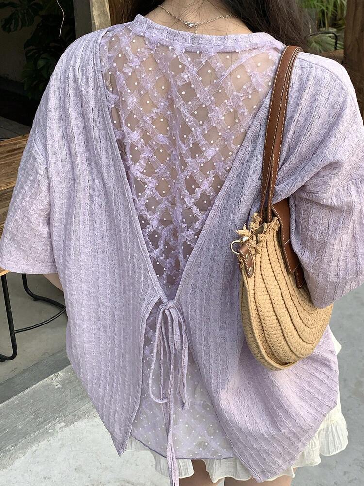 Women's Casual Loose T-Shirt With Mesh Patchwork Back And Dropped Shoulders,Going Out Tops For Women Summer
