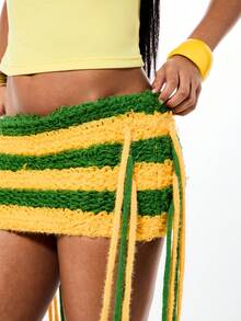 SUMWON WOMEN Striped Crochet Tassel Mini Skirt With Fringe Details Asymmetric Hem Festival Beach Summer Party Vacation Boho Chic Style - Multicolor - View 4