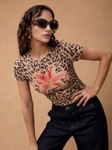 SHEIN EZwear 女士夏季短袖保暖花卉网眼T恤 - 彩色 - 查看 5