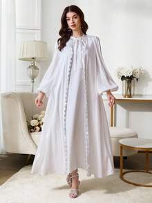 Al Najma Women's Long Sleeve Robe With Rhinestone Decor And Sleeveless Round Neck Dress Arabic Abaya Set - White - View 1
