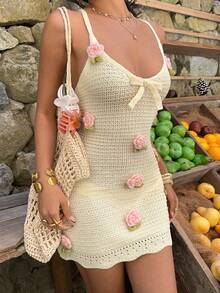 Sunnyshic 女士浪漫度假3D玫瑰设计露背针织连衣裙 - 鵝黃色 - 查看 7