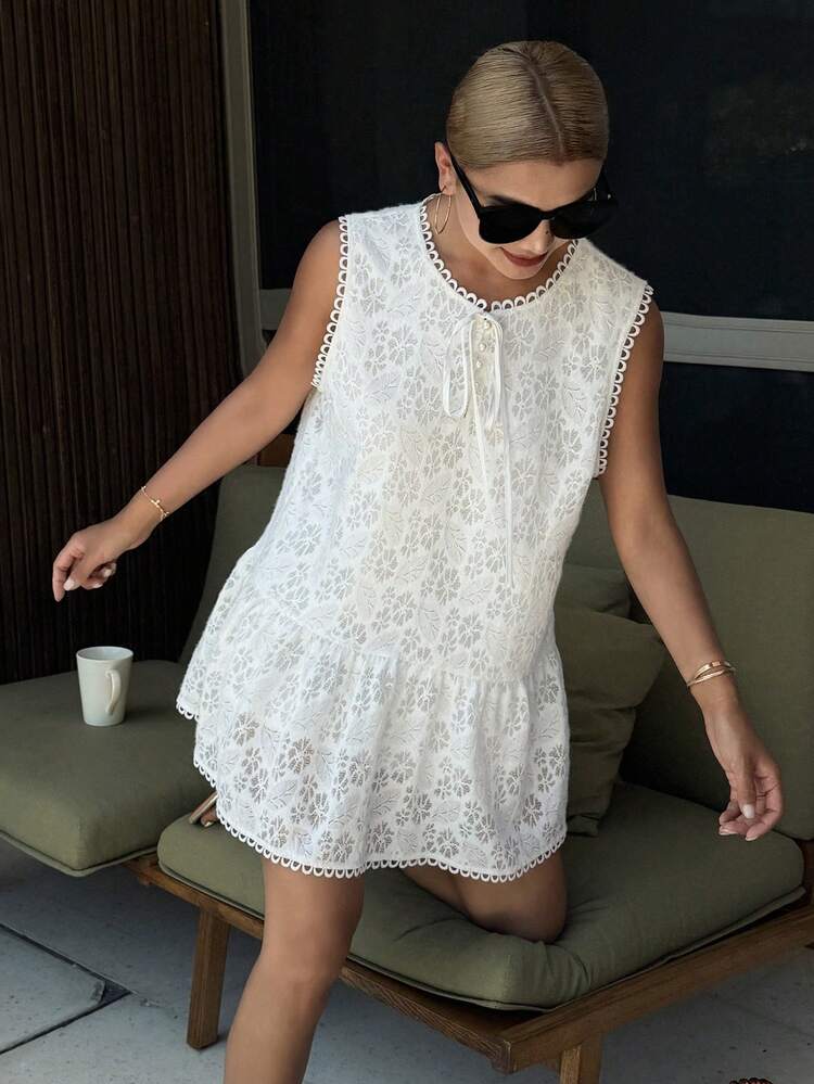 Lace Patchwork Sleeveless Tie-Up Women's Tank Top, Vacation Outfit