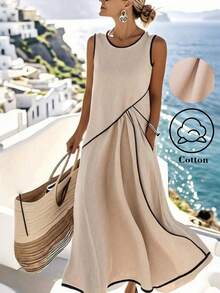 Breezaya 女士杏色滚边黑色A字宽松长连衣裙，休闲度假装，春夏款 - 杏色 - 查看 1