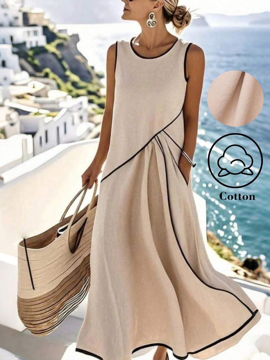 Breezaya 女士杏色滚边黑色A字宽松长连衣裙，休闲度假装，春夏款 - 杏色 - 查看 1