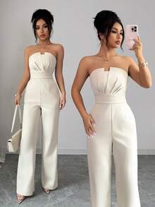 Rafferiza 女式优雅纯色褶皱抹胸式连身裤 - 杏色 - 查看 1