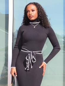 Steph T 女式优雅高领修身罗纹领结毛衣连衣裙 - 黑色 - 查看 5