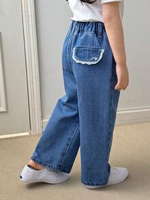 DAZY 少女字母刺绣撞色蕾丝松紧腰宽松休闲牛仔裤 - 藍色 - 查看 4