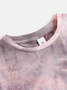 2件套女童扎染印花针织T恤+打底裤套装，休闲、日常、时尚、百搭、复古风，适合外出、姐妹合照、公园、露营、旅行、派对等场合。 - 粉色 - 查看 3