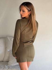 Jeta Ari 女士优雅性感办公室女士深 V 领长袖上衣、迷你裙、套装，适合职业女性装、商务装、秋冬分层穿着 - 軍綠色 - 查看 2