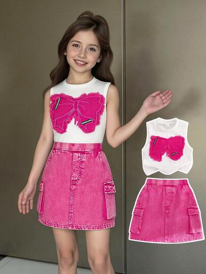 2pcs/Set Girls' Outfit, White Sleeveless Top + Denim Skirt, Round Neck Design, Pink Bow & Tassel Decor, Sweet & Lively Style, Casual Pocketed Skirt, Bright Color Coordination, Suitable For Daily Wear