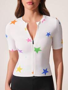Exploreva Women's Star Pattern Mesh Patchwork Zipper Cycling Jersey - Multicolor - View 5