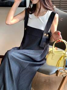 DAZY 女士复古无袖牛仔背带裙，设计细节让您看起来更年轻更苗条，中长款连身裙 - 黑色 - 查看 3