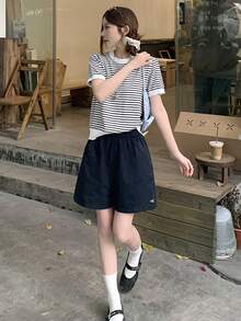 DAZY Women's Unique Backless Bow Striped Short Sleeve T-Shirt, French Style Round Neck Fitted Knit Top - Black and White - View 4