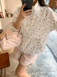 Livesso Casual Loose Ditsy Floral High Collar Women Jacket - White - View 5