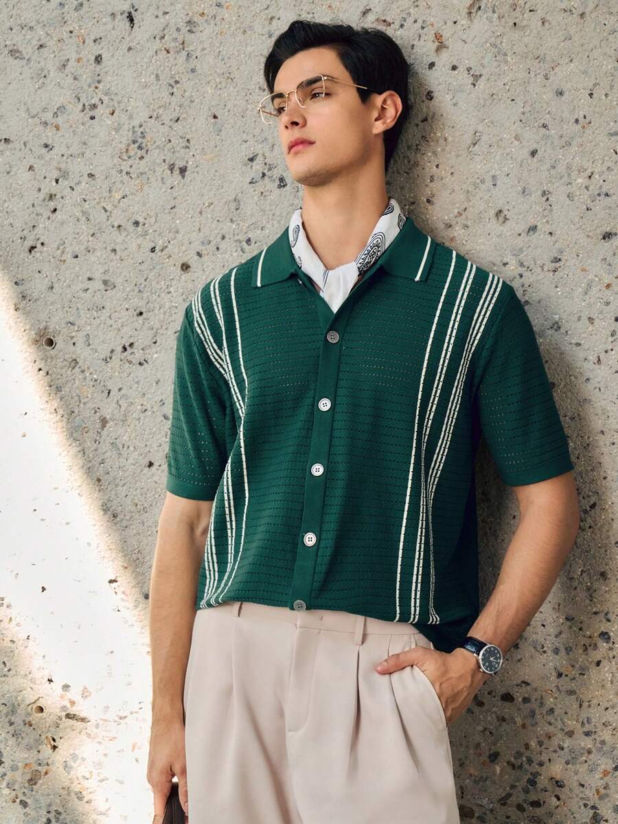 RONVEXI Camisa de punto de manga corta y abotonada casual para hombre - Multicolor - Ver 1