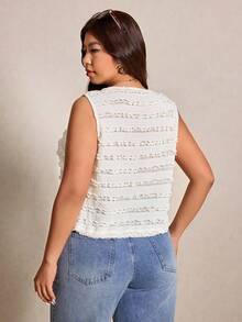 Elaquor Chemise sans manches à volants superposés en jacquard pour femmes grandes tailles - Beige - Voir 2