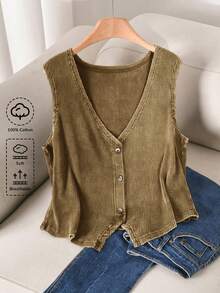 CosyJoli Plus Size Women Solid Color Vintage V-Neck Sleeveless Summer Front Button Comfortable Breathable Washed Tank Top - Brown - View 1