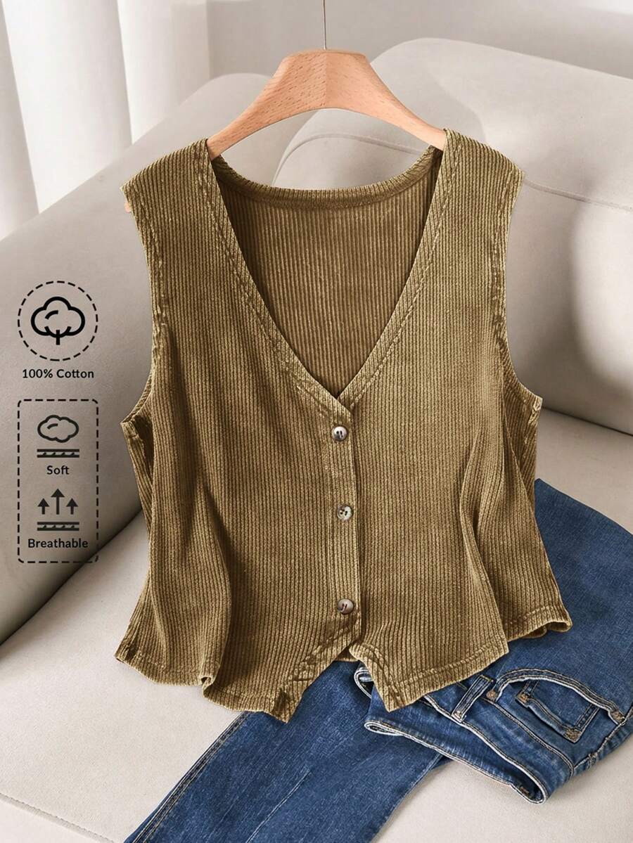 CosyJoli Plus Size Women Solid Color Vintage V-Neck Sleeveless Summer Front Button Comfortable Breathable Washed Tank Top - Brown - View 1