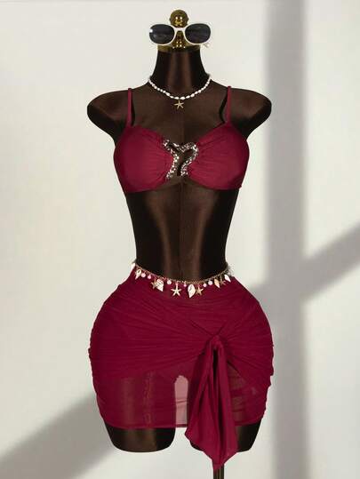 Zestiva 3pcs Women's Burgundy Solid Color Fashionable Elegant Vintage Style Swimsuit Set, Includes Strapless Backless Top, Ruched Tie-Front Bottoms, And Sheer Ruffle Trim Beach Skirt, Suitable For Swimming, Vacation, Beach, Pool Party