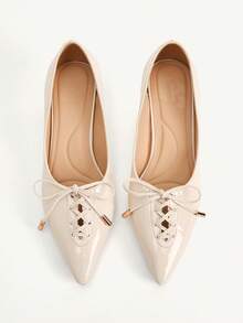 CUCCOO CHICEST Women's Pointed Toe Mid-Heel Beige Bow Design Fashionable Elegant Daily Commute Work Party Occasion High Heel Pumps - Beige - View 2