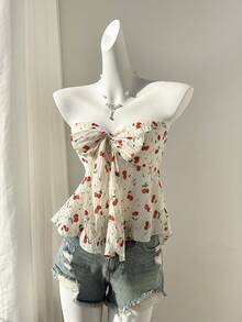 Elamini 女士纹理樱桃印花抹胸休闲上衣 - 彩色 - 查看 3