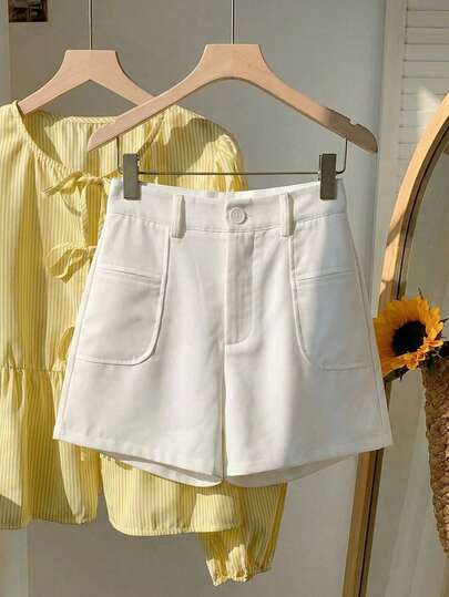 Franclia 2026 New Arrival White Shorts - Pocket Design, Button Closure, Split Seam Detail, Zipper Fly, Casual Office Minimalist & Preppy Style For Women White Skorts White Shorts For Women White High Waisted Shorts Elegant Shorts Linen Shorts For Women