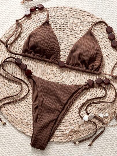 Swim Vcay Conjunto de bikini sexy con parte superior de tirantes finos fruncida de unicolor y Bottom de natación con lazos laterales