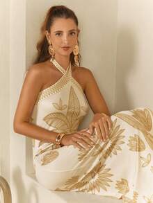 CAJUNI Women's Casual Palm Tree Print Halter Neck Dress, Vacation - Yellow - View 6