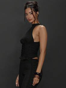 MUSERA Blusa sin mangas con cuello plisado y espalda descubierta de unicolor para mujer - Negro - Ver 4