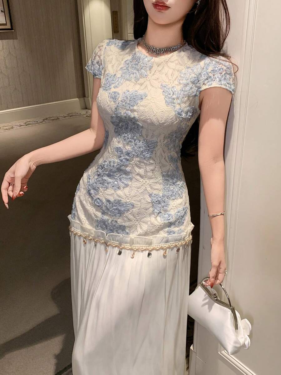 DAZY 女士优雅蕾丝花卉拼接亮片流苏中长连衣裙,夏季婚礼宾客礼服,女士吊带裙 - 藍色 - 查看 1