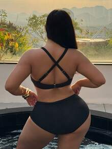 Swim SXY 大码女士纯色褶皱时尚比基尼泳装套装 - 黑色 - 查看 2
