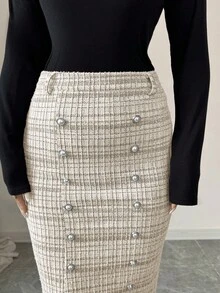 SHEIN Elenzya Chân váy maxi dáng suông cạp cao, xẻ tà, cài khuy ngọc trai, chất liệu len pha, thích hợp cho các dịp thường ngày, tiệc tùng, mùa thu/đông. - Màu be - Xem 6