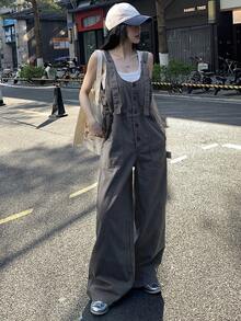 DAZY Women's Cinched Waist Loose Straight Leg Jeans, Casual City Style Washed Denim Overalls - Grey - View 1