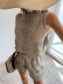EURMUSE Bộ quần short và áo khoác ngoài khoét lỗ dành cho nữ - Màu be - Xem 5