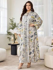 Al Najma Casual Minimalist Allover Print Stand Collar Long Sleeve Loose Regular Dress For Plus Size Women, Spring/Autumn - Multicolor - View 9