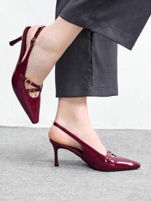 CUCCOO BIZCHIC Women Shoes Spring And Autumn New French Small Square Toe Thin High Heel Burgundy Buckle Slingback With Simple Elegance Elegant Commuting To Work Comfortable Women's High Heel Shoes Slingback Women's Shoes - Burgundy - View 5
