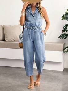 Breezaya Women's Casual Denim Jumpsuit With Lapel Collar And Waist Tie Design, Suitable For Daily Wear - Blue - View 6