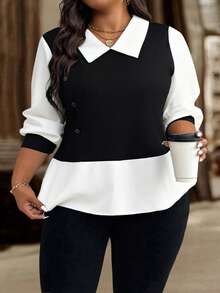 SHEIN CURVE+ Blusa casual de talla grande para mujer con bloques de color y parches, para primavera/otoño - Blanco y Negro - Ver 3