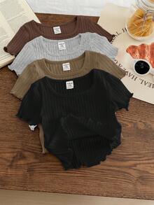 Bộ 4 món áo thun tay ngắn màu trơn dáng suông, có bèo nhún. - Nhiều màu - Xem 6