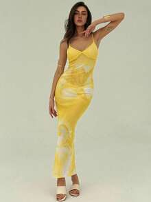 Aloruh Elegant Floral Print Cami Dress, Casual & Party Wear - Pale Yellow - View 6