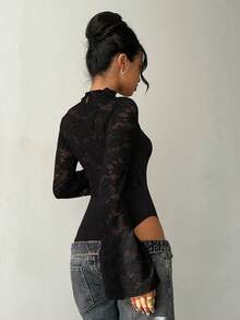 Aloruh Women's Elegant Round Neck Lace Patchwork Hollow Out Burgundy Bodysuit - Black - View 2