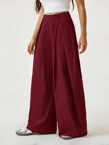 SHEIN Tall Quần dài nữ mùa hè kiểu vintage, phong cách hippie, dáng rộng, màu xanh rêu quân đội. - Màu Đỏ Sâu - Xem 4