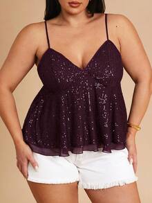 SHEIN BAE 大码秋冬纯色性感深V领棕色亮片吊带女式吊带背心，适合派对鸡尾酒会、音乐会等场合，也适合夏季假期、春假、情人节、狂欢节等场合，是2026年狂欢节女装的理想之选。 - 酒紅色 - 查看 6