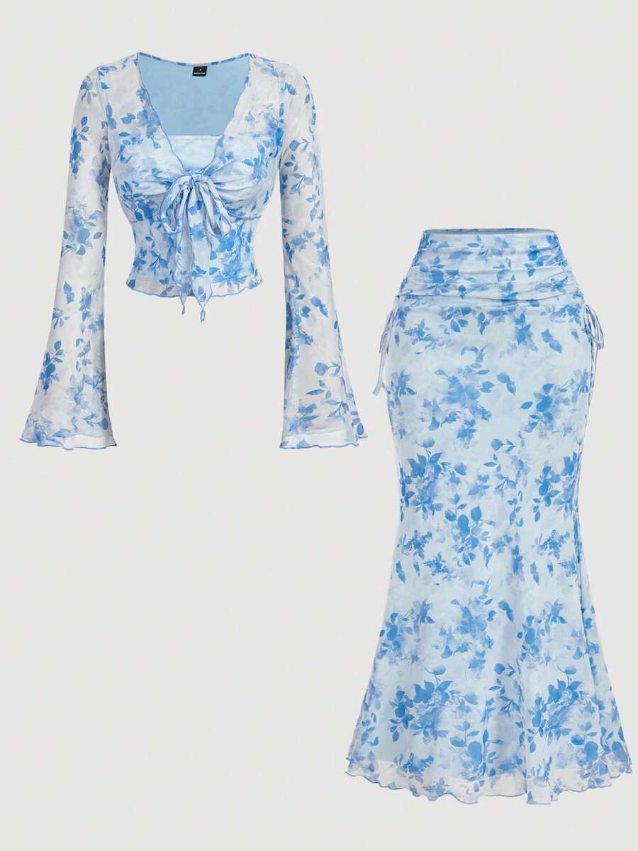 SHEIN MOD 两件套女士优雅印花喇叭袖上衣和鱼尾裙套装 - 藍色 - 查看 1